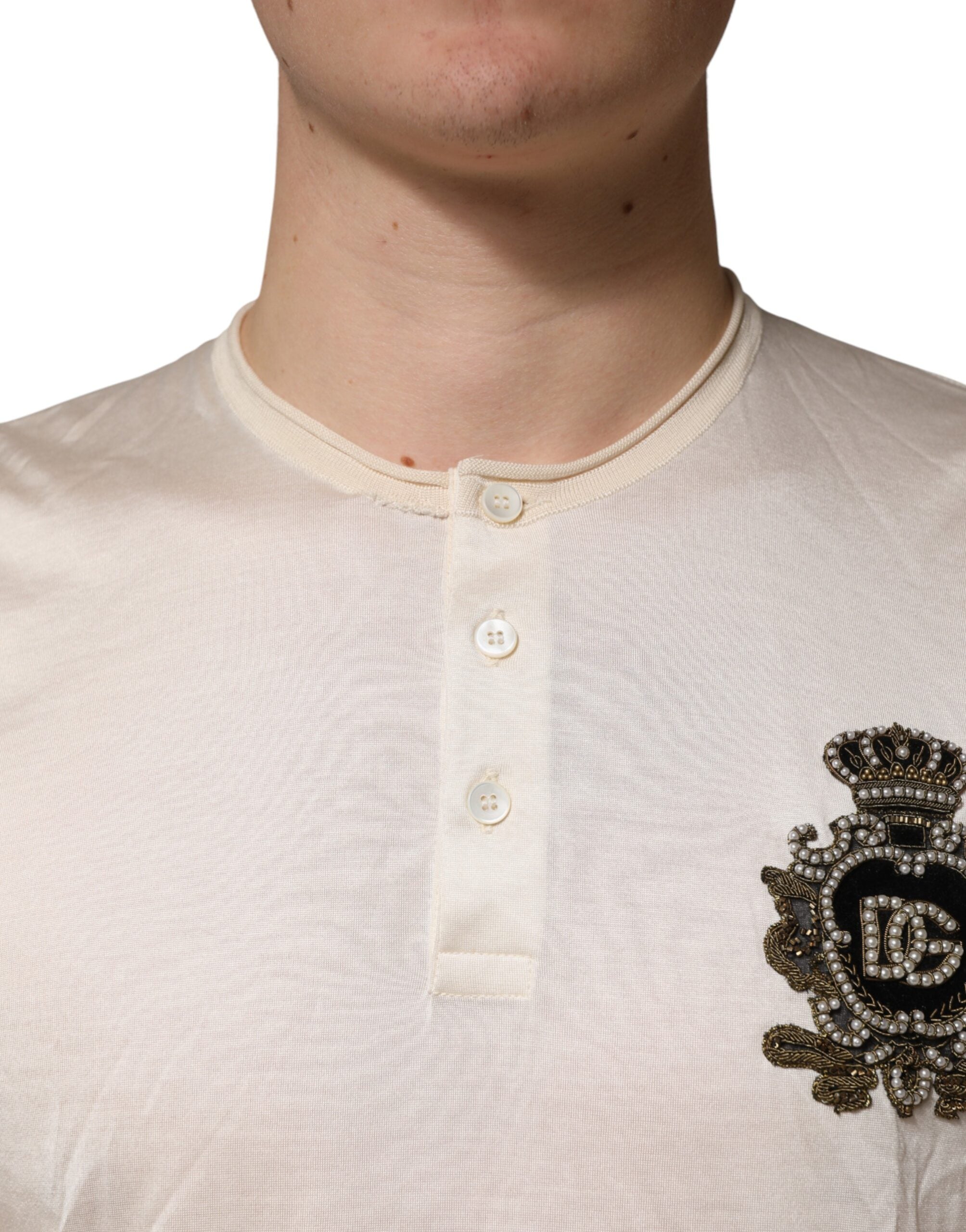 Off White Silk Logo Patch Men Henley T-shirt