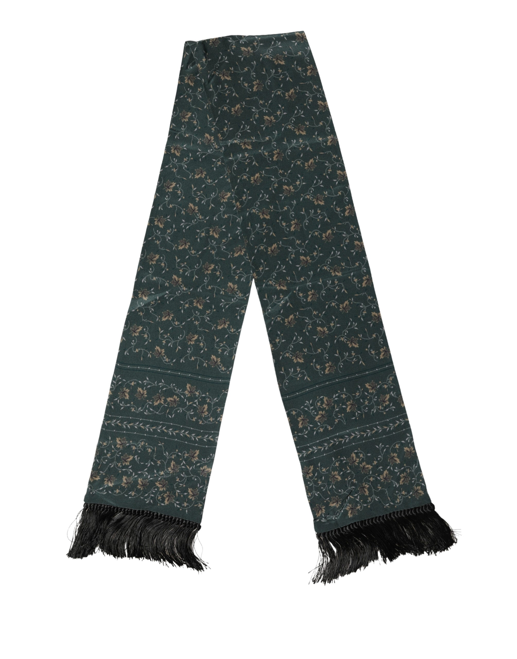 Green Silk Floral Pattern Fringed 135cm X 16cm  Scarf