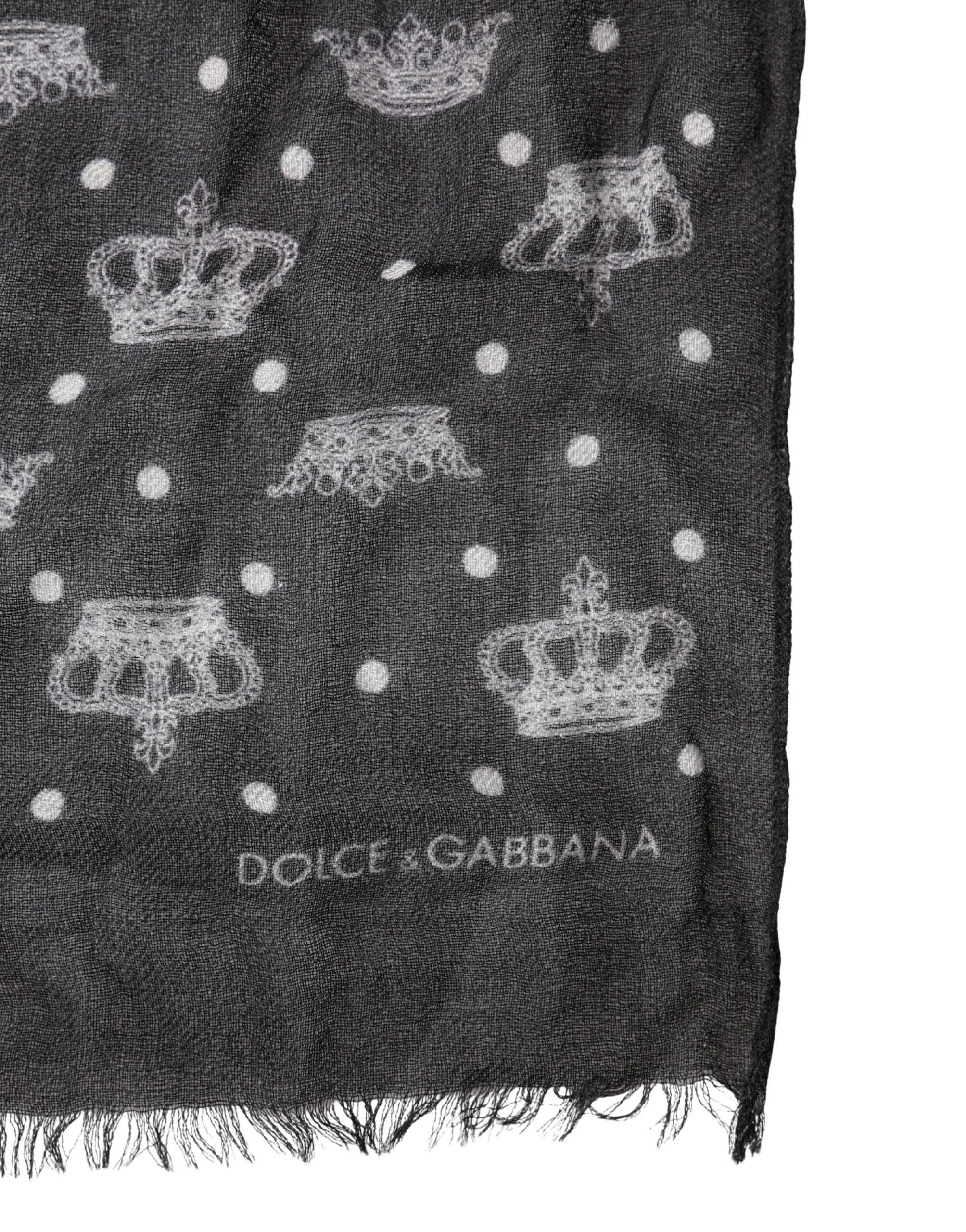 Black Wool Crown Print Fringe Neck Wrap 180cm x 65cm Scarf