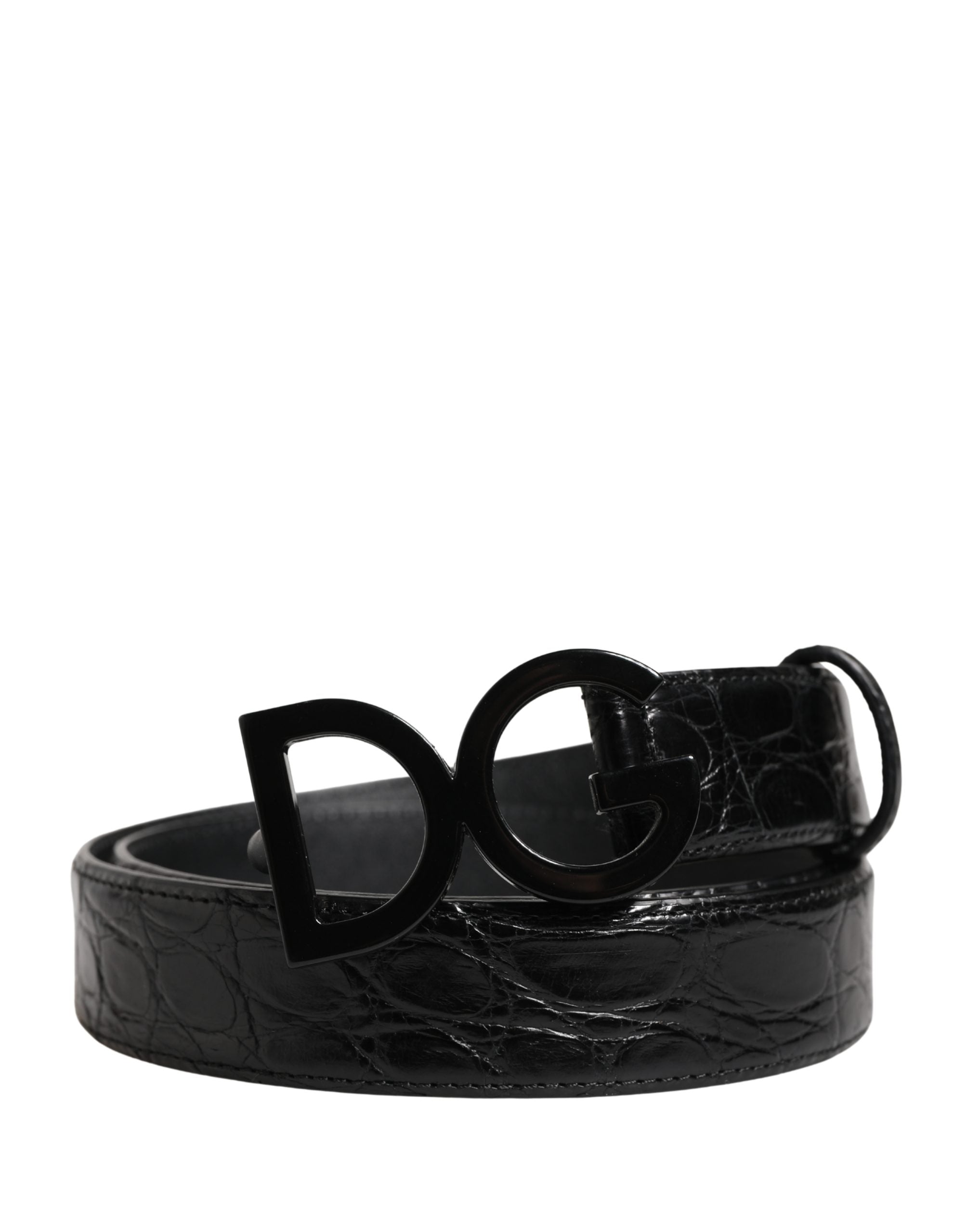 Men Black Exotic Leather Logo Buckle Belt