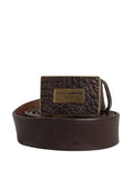Men Brown Leather Logo Metal Buckle Belt