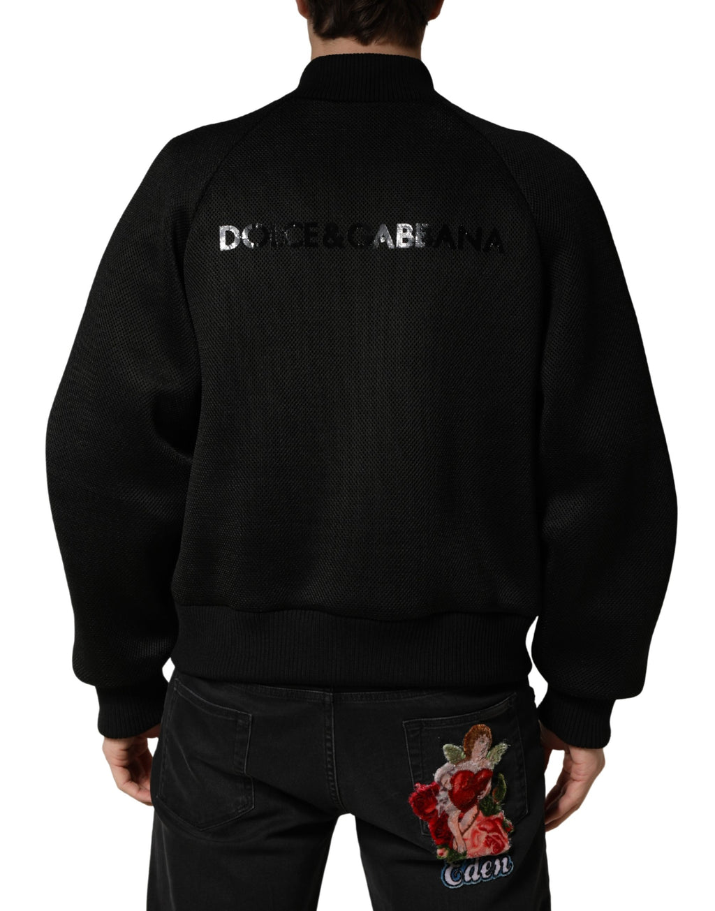 Men Black Nylon Full Zip Bomber Jacket