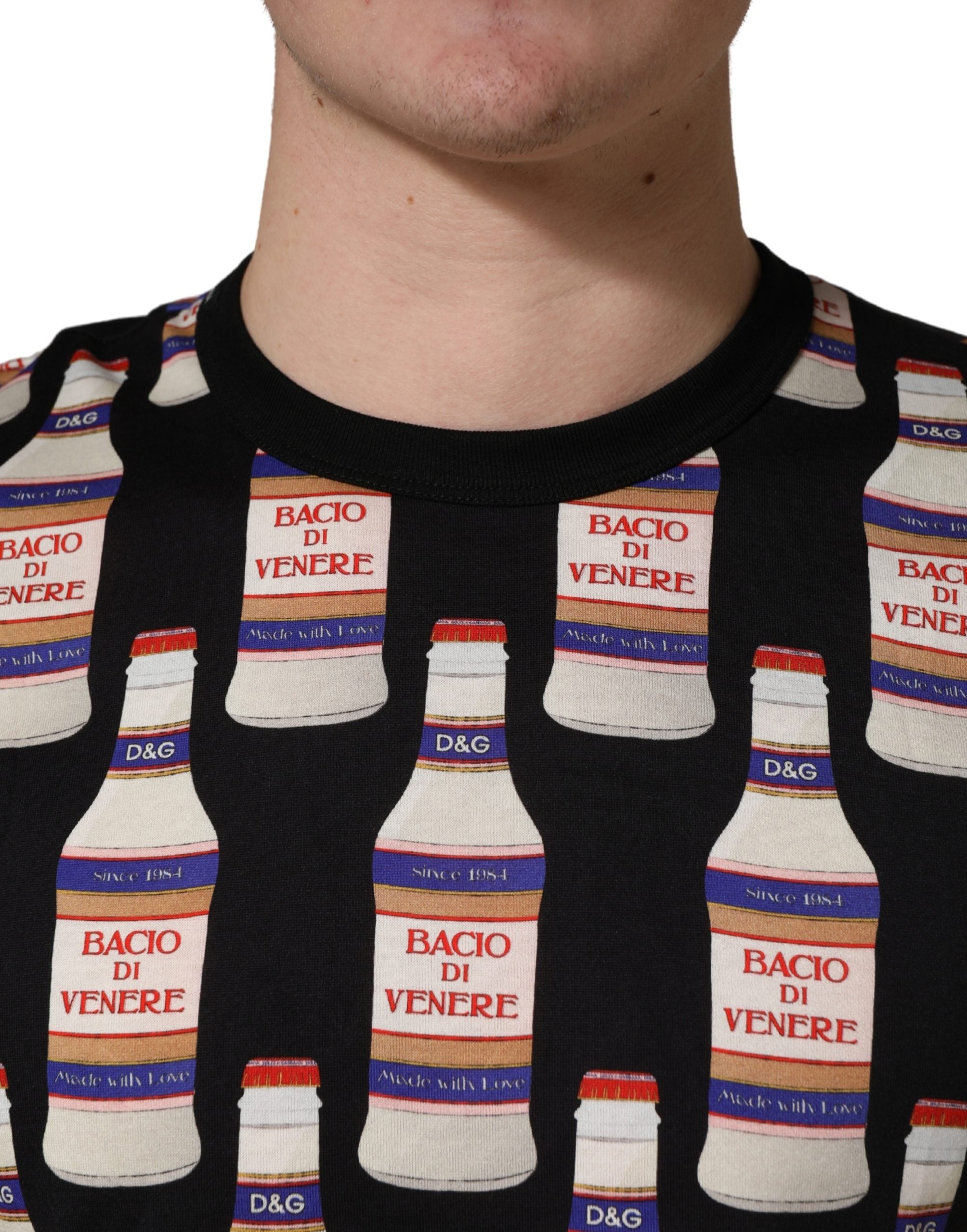 Black Bottle Print Cotton Crew Neck  T-shirt