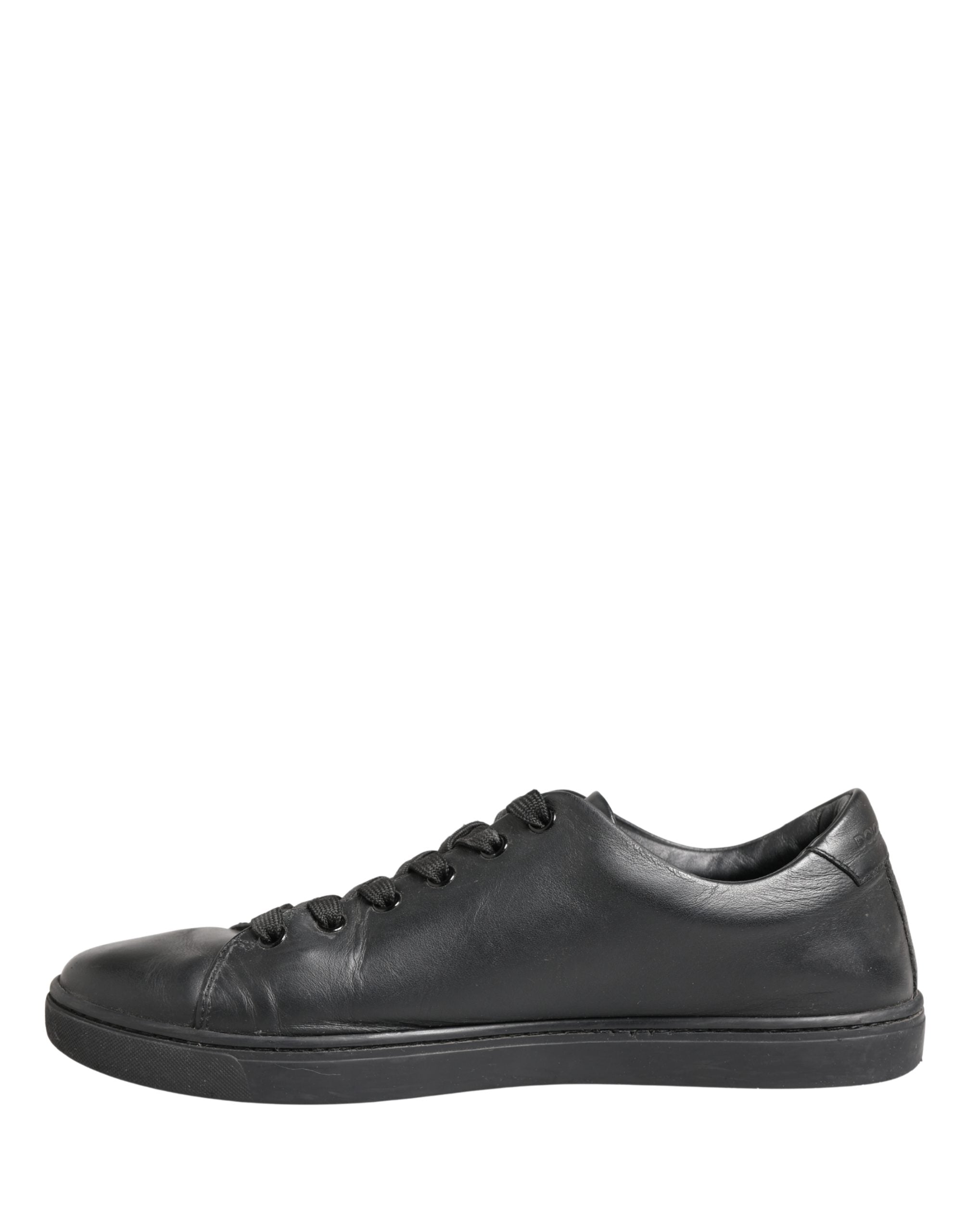 Black Leather Low Top Lace Up Sneakers Shoes