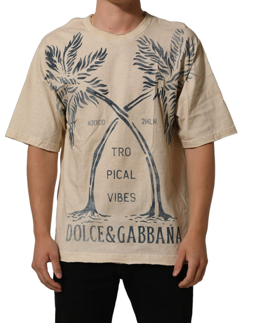 Beige Cotton Graphic Print Crew Neck T-shirt