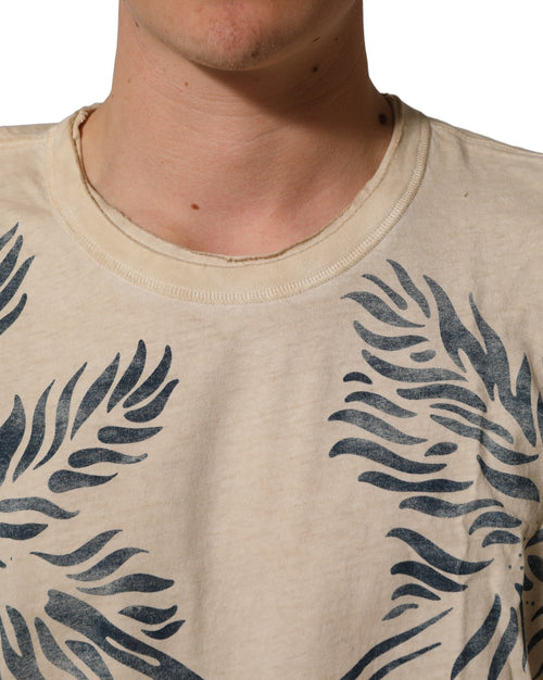Beige Cotton Graphic Print Crew Neck T-shirt