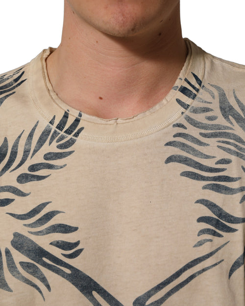 Beige Cotton Graphic Print Crew Neck T-shirt