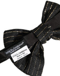 Men Black Pinstripe Silk Adjustable Neck Papillon Bow Tie