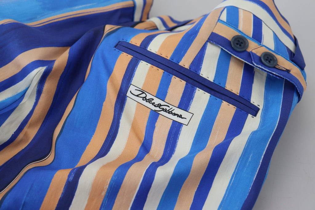 Blue Striped Silk Cotton Slim Trousers Pants