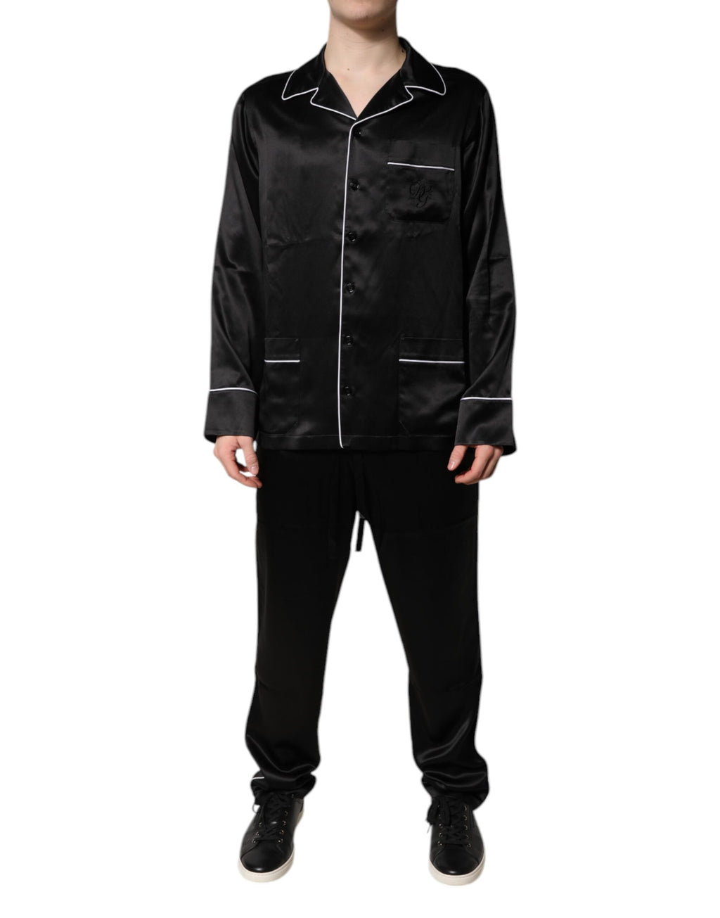 Black Silk Shirt Pants Pajama Set Sleepwear