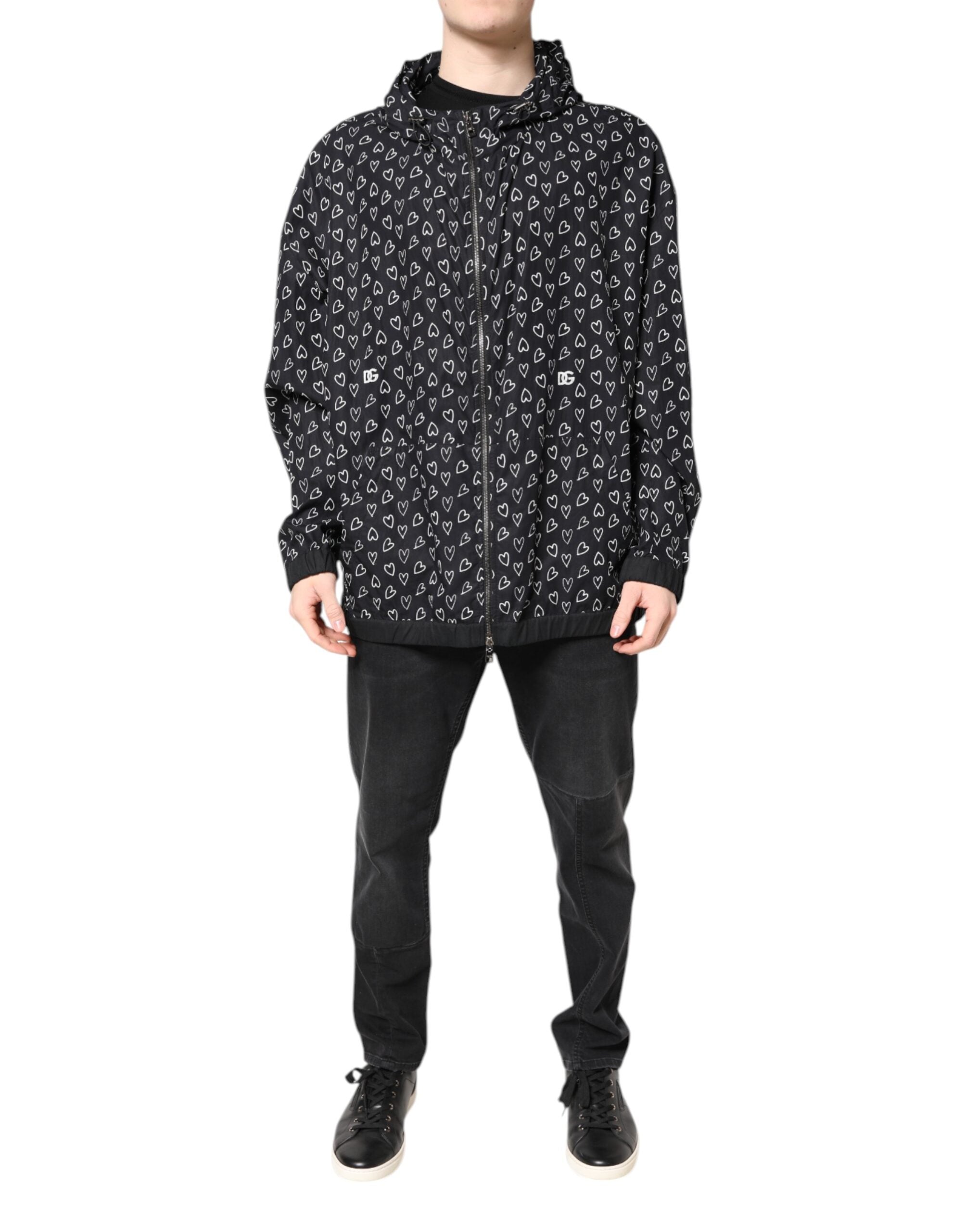 Black Heart Print Hooded Windbreaker Jacket
