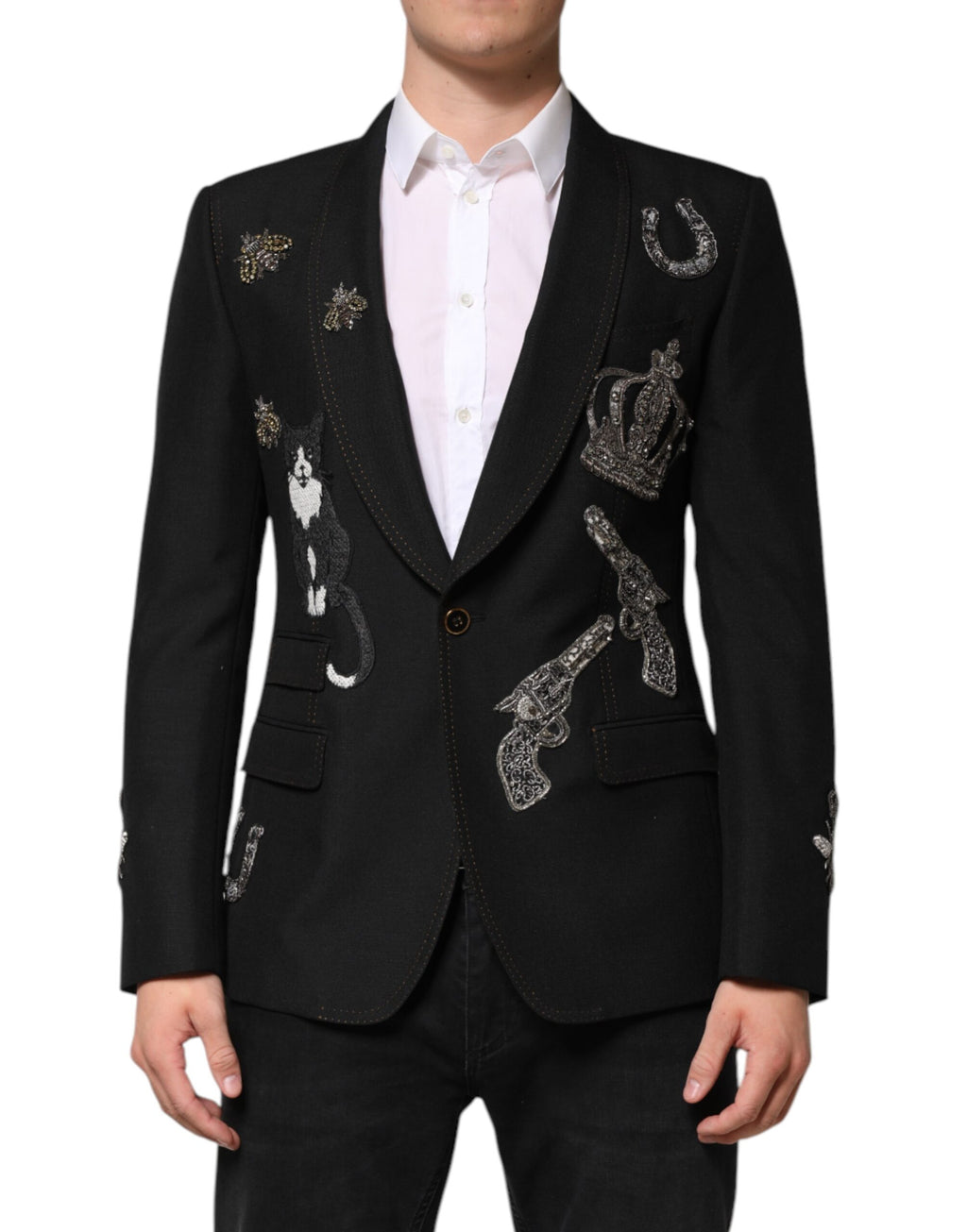 Black Bee Crown Embellished Suit Coat Blazer