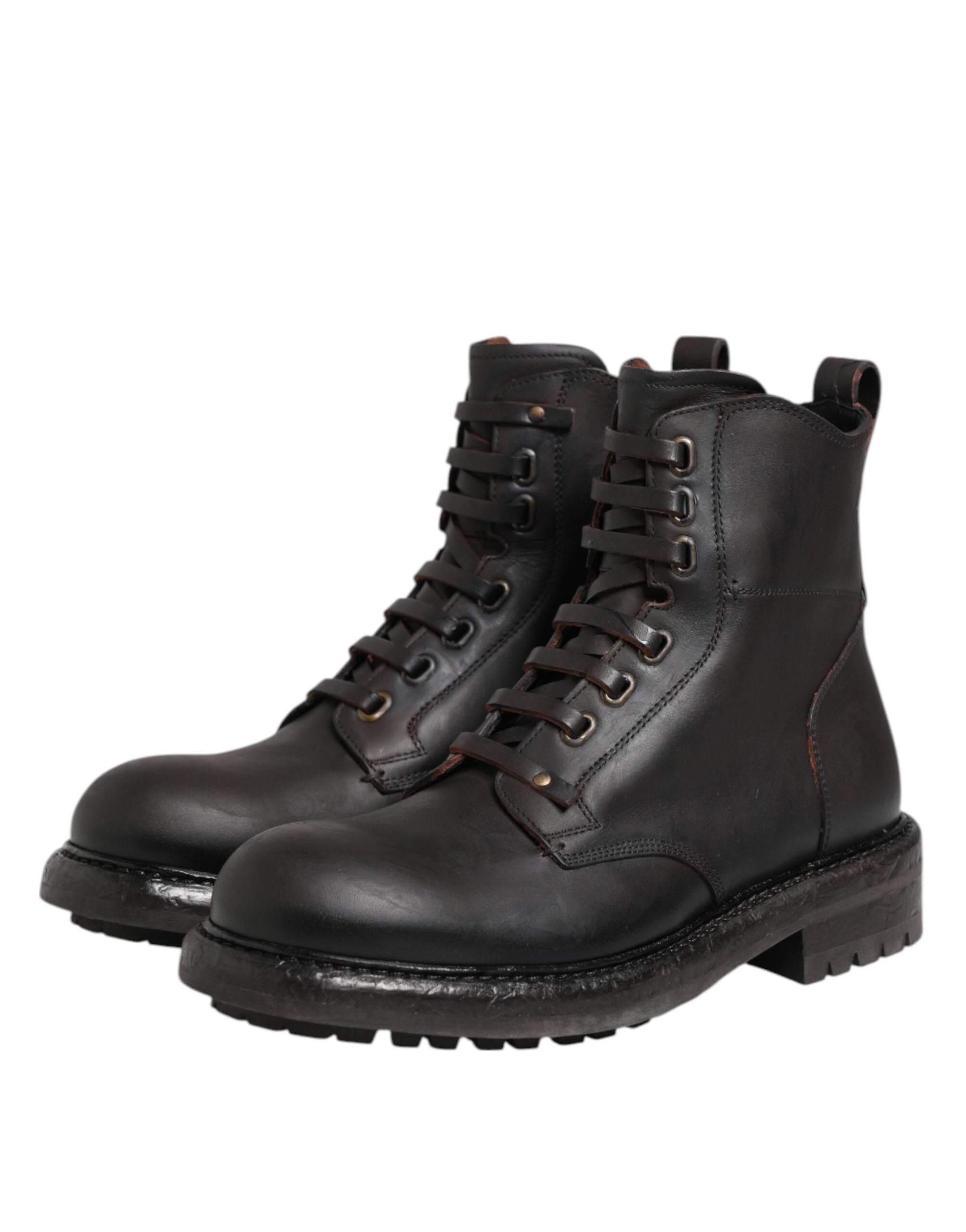 Dark Brown Leather Lace Up Mid Calf Boots Shoes