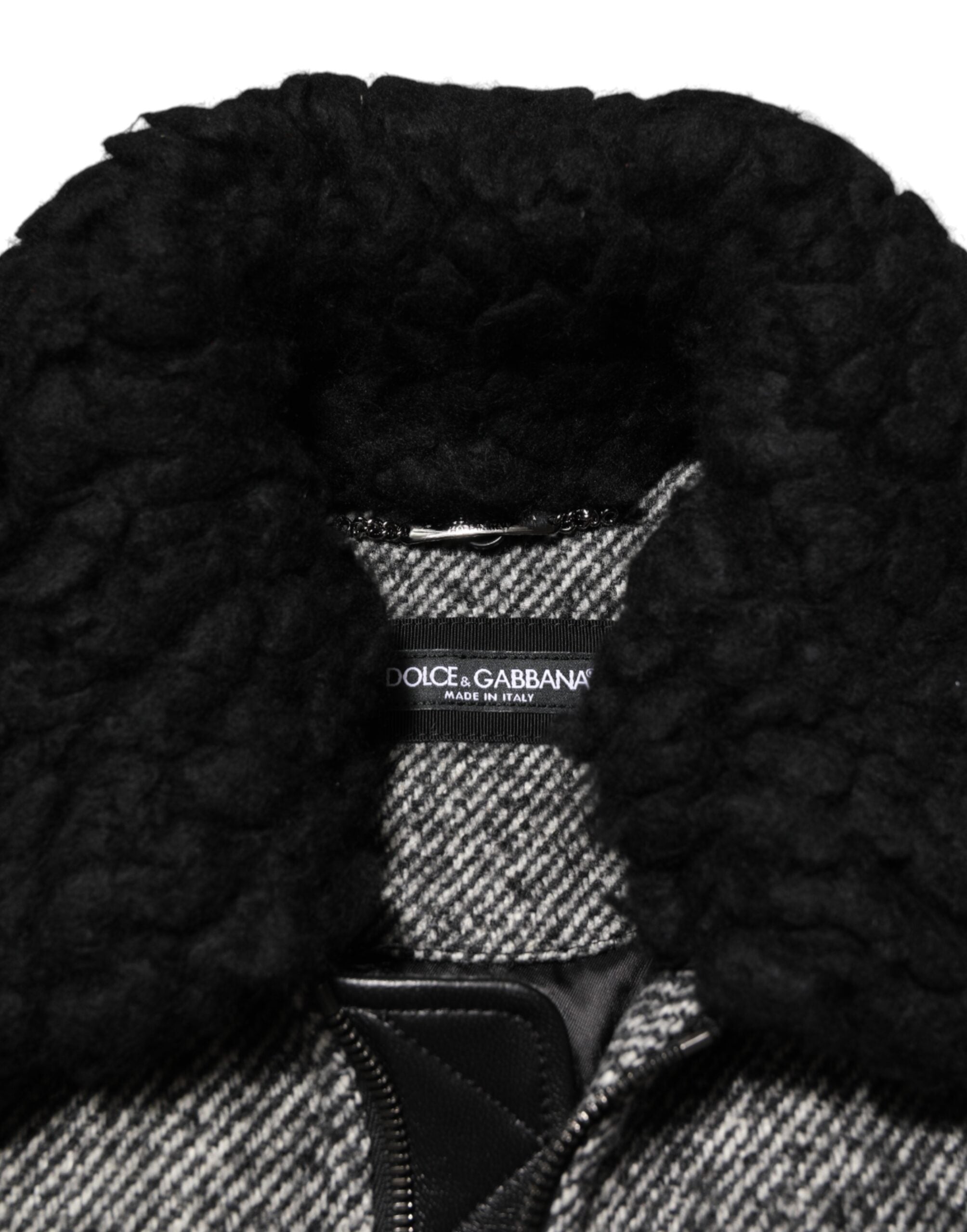 Gray Wool Herringbone Shearling Collar Bomber Jacket