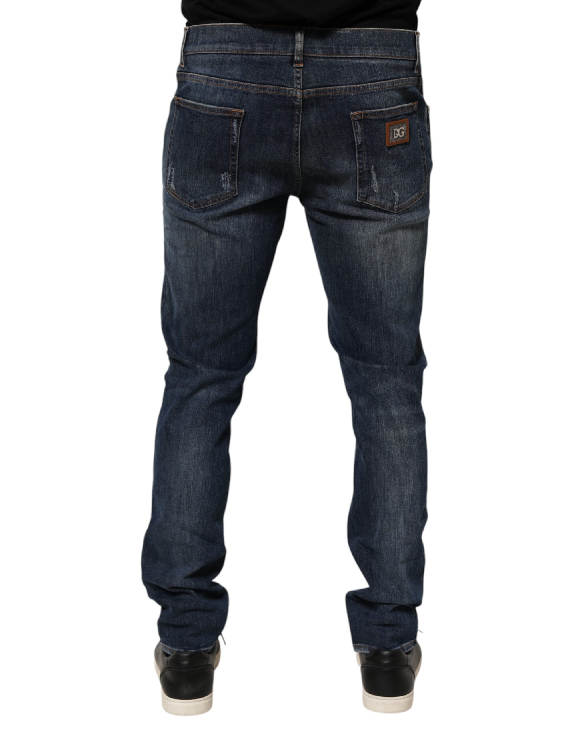 Dark Blue Washed Running Ripped Denim Jeans