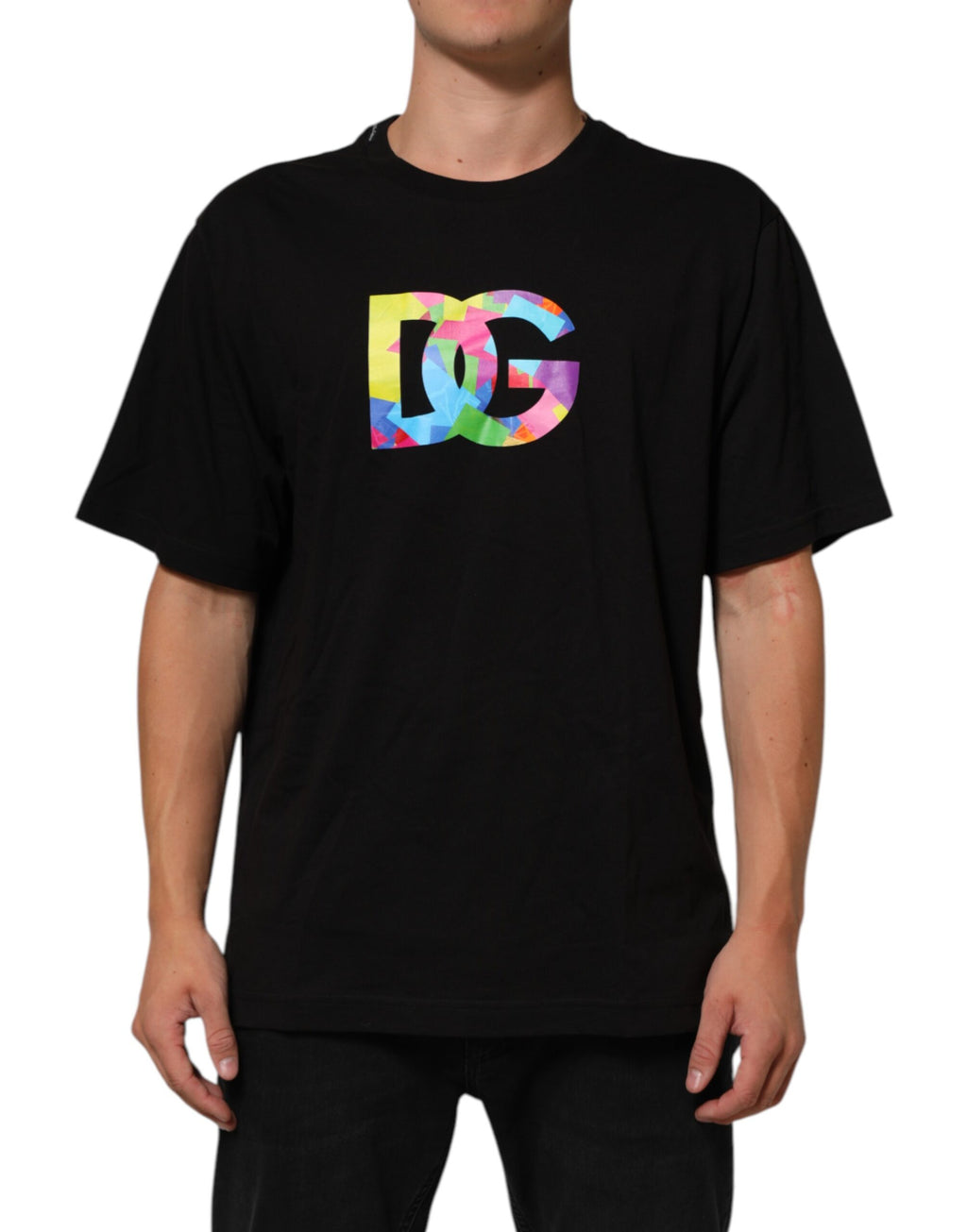 Black Logo Print Cotton Men Crew Neck T-shirt