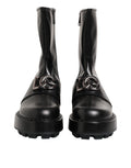 Black Logo Plaque Mid Calf Biker Boots Shoes