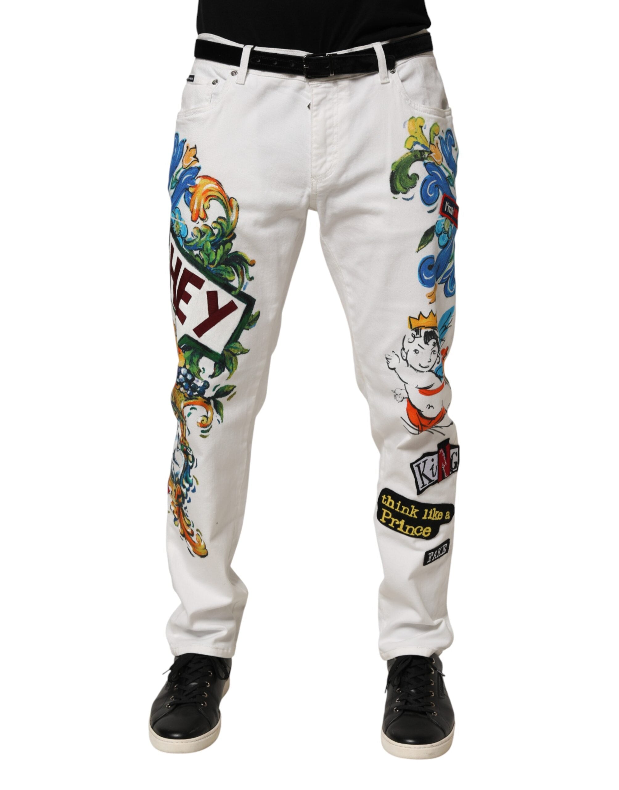 White Graffiti Print Skinny GOLD Denim Jeans