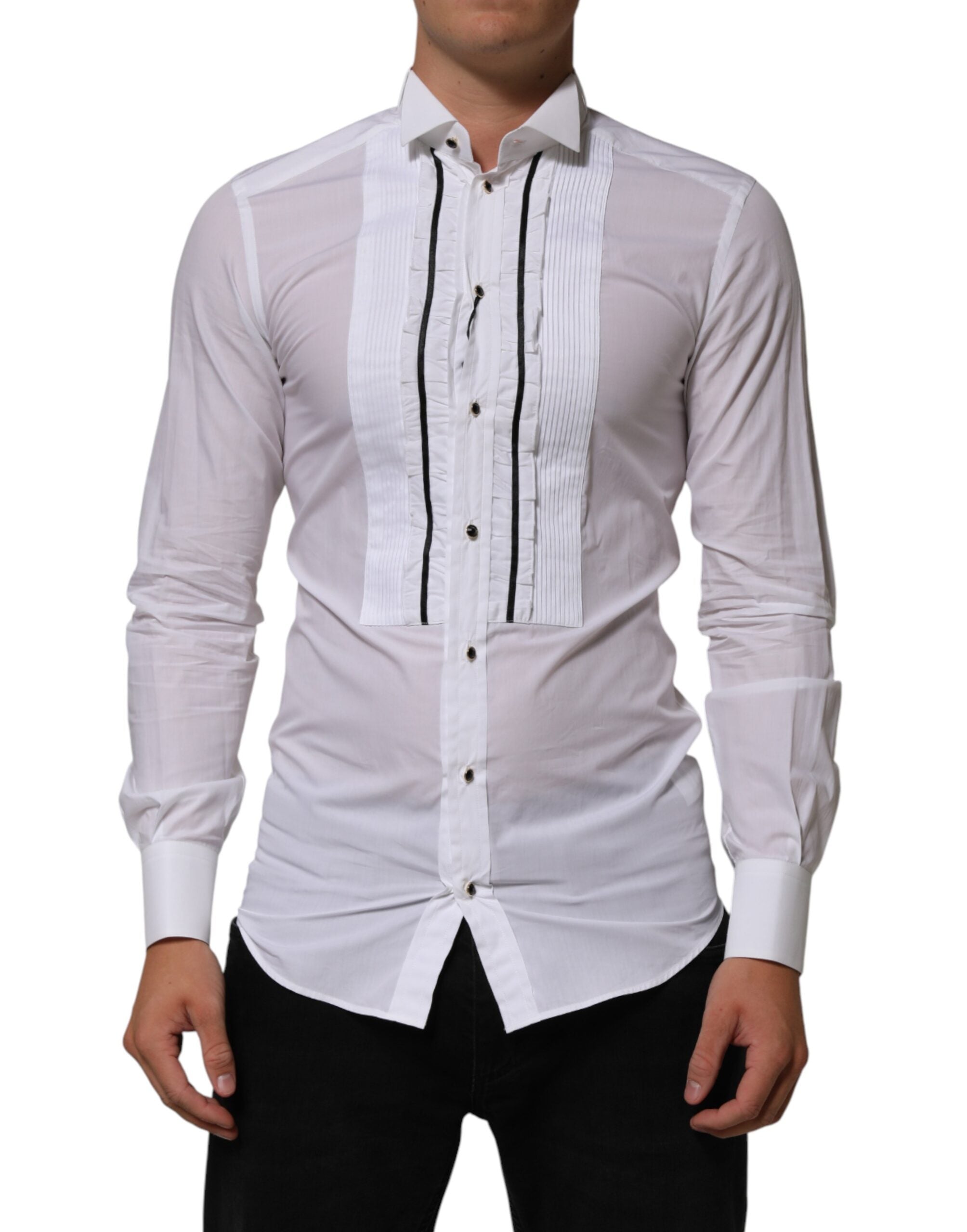 White Cotton Collared Long Sleeve GOLD Dress  Shirt