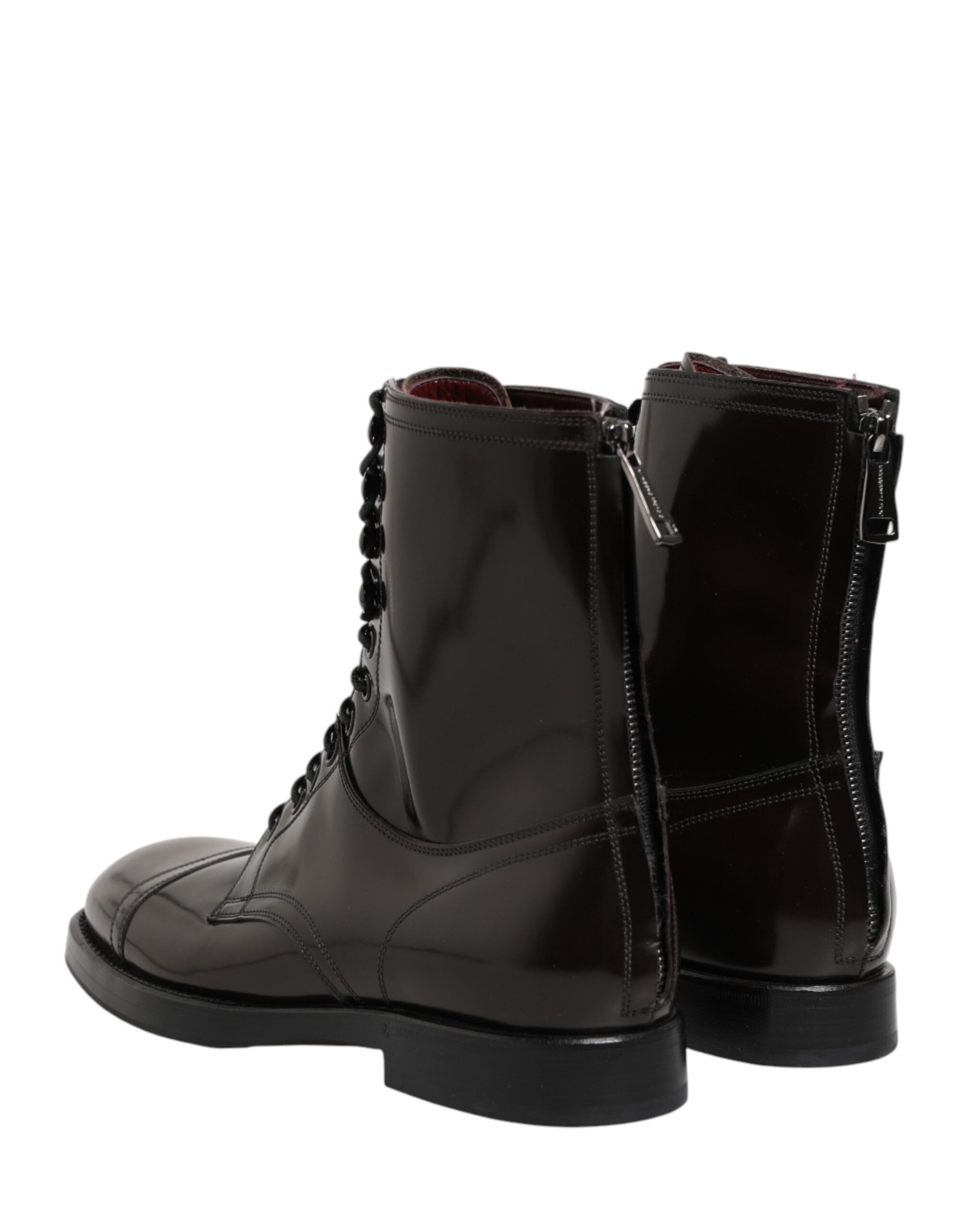 Black Leather Lace Up Mid Calf Boots Shoes